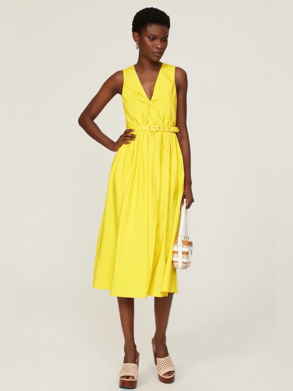 Toccin~V-Neck Belted Midi Twist Front Dress in Bright Yellow~Size 4~$445~